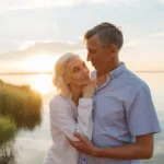 A senior couple smiles at each other in front of a sunset